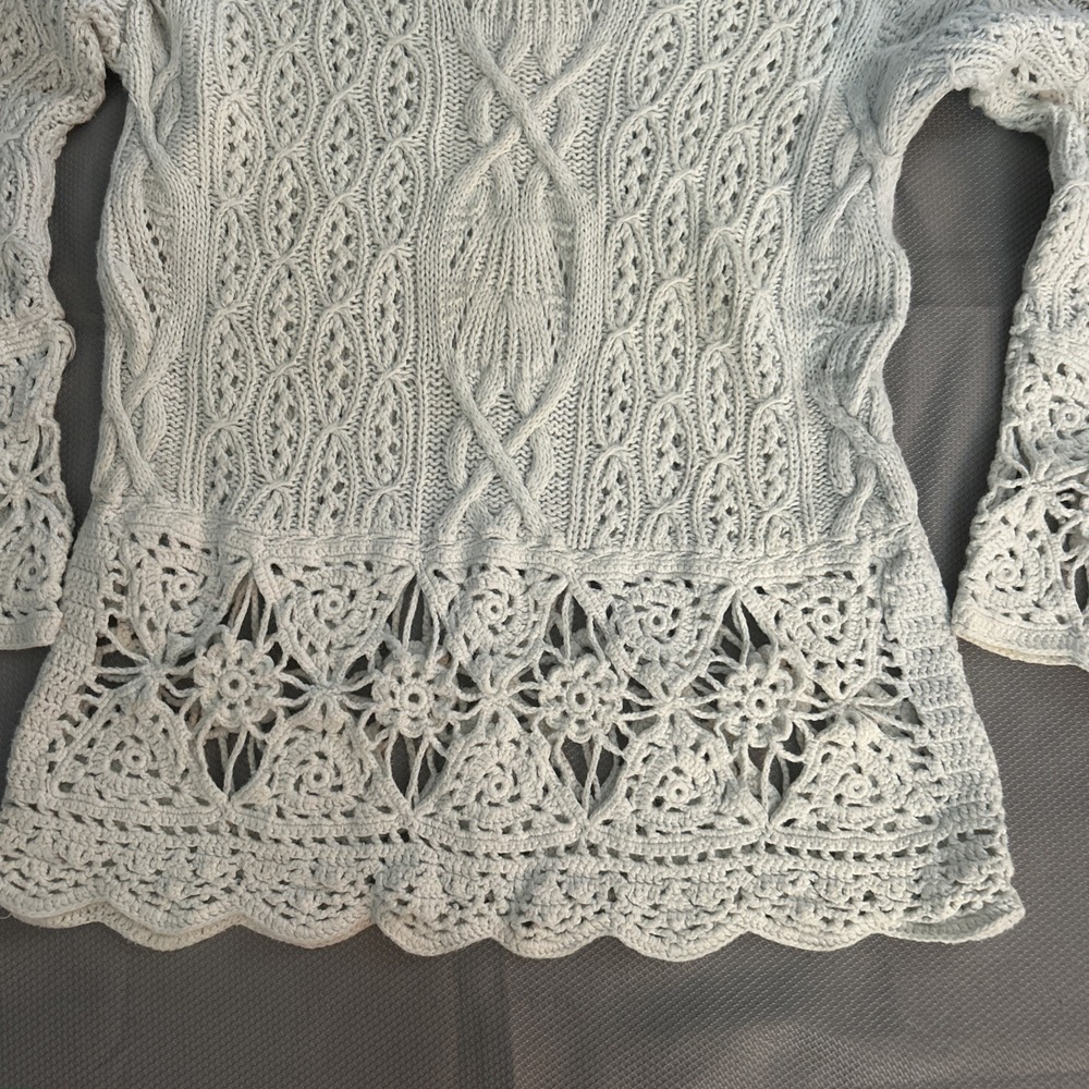 Express Tricot Handknit Crochet Boho Lace Cream‎ Ivory Pullover Sweater Small - Picture 2 of 6